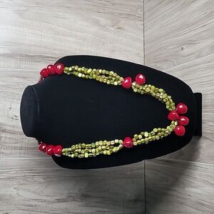 Chunky Multi Strand Beaded Statement Necklace Red Green Boho Layered Fashion
